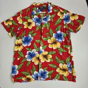 Vintage 90s Polo Sport Ralph Lauren Mens Size L‎ Rayon Red Hawaiian Floral Shirt